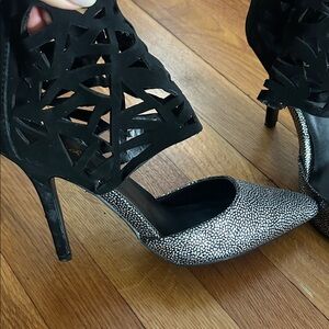 Qupid Black and Silver Cutout Heels